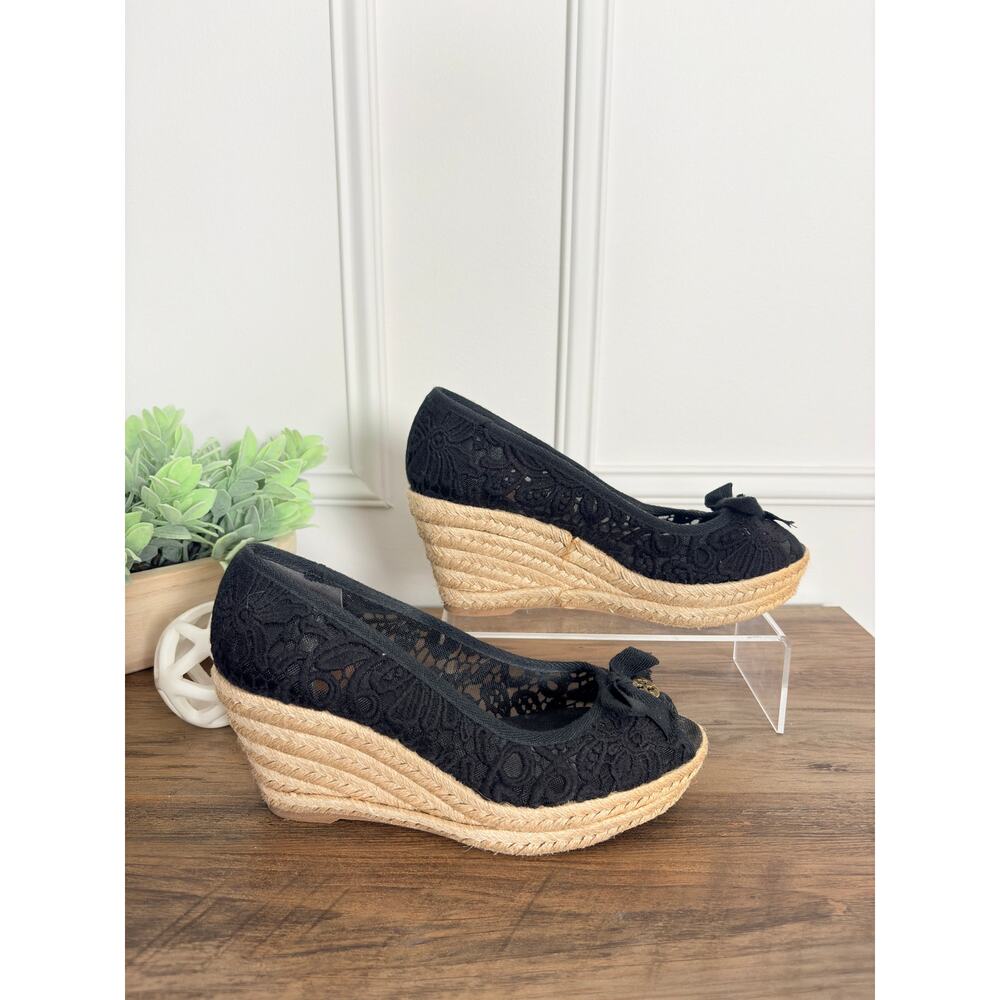 Tory Burch Jackie Lace Espadrille Wedge Peep Toe Bow Black Coastal Chic 8.5 - Picture 10 of 12